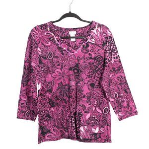 Tantrums Floral Shirt XL Womens Pink Black Sequin VNeck Cotton Tunic 3/4 Sleeve